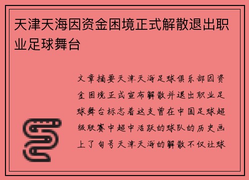 天津天海因资金困境正式解散退出职业足球舞台 天津天海因资金困境正式解散退出职业足球舞台