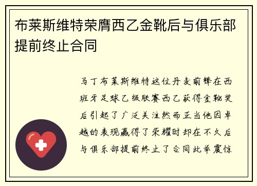 布莱斯维特荣膺西乙金靴后与俱乐部提前终止合同 布莱斯维特荣膺西乙金靴后与俱乐部提前终止合同